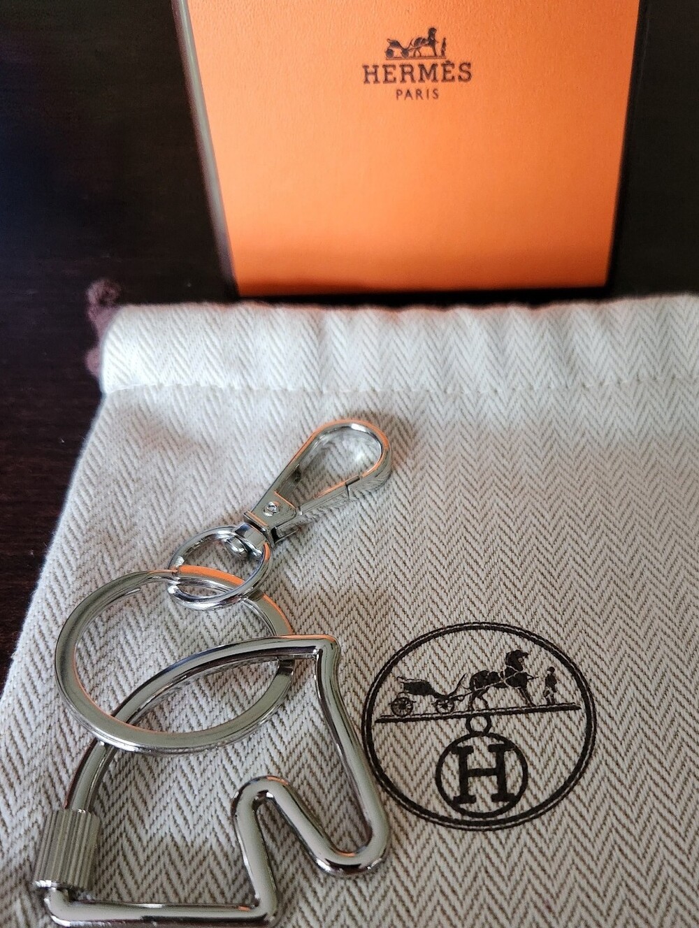 Men's Hermes Silvertone Horse Keychain with Dust Bag